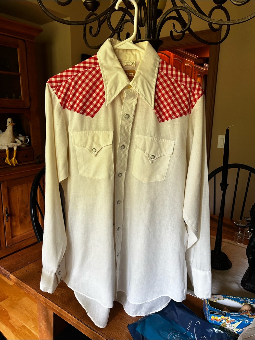 1970’sEly Plains Rider SzM Classic Western Pearl Snap White Shirt Red Check Yoke